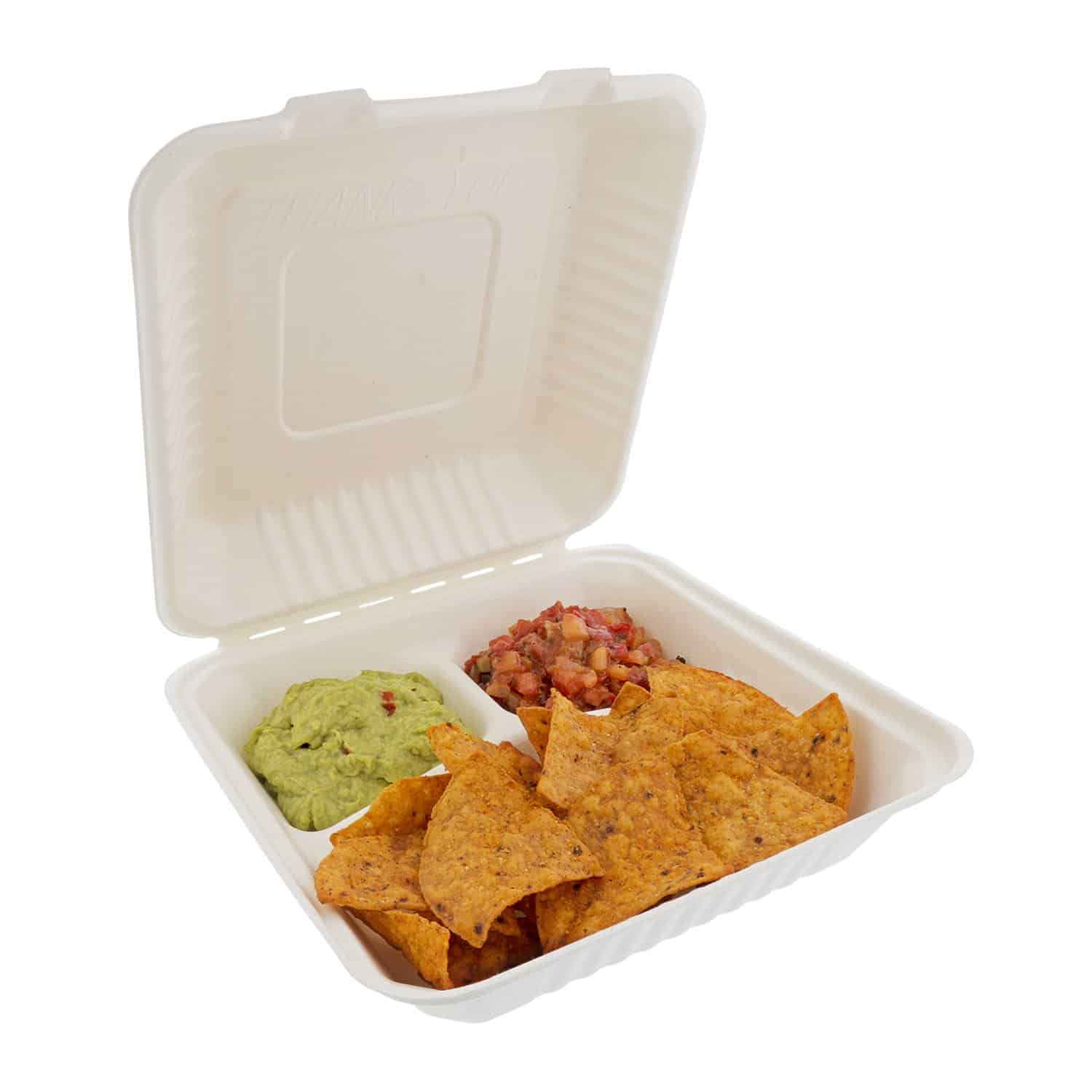 9x9x3 fiber 3-section hinged lid container 200 cs