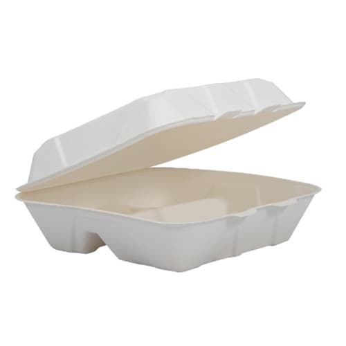 9" x 9" x 3" Fiber Clamshell Container, 3-Comp, PFAs Free