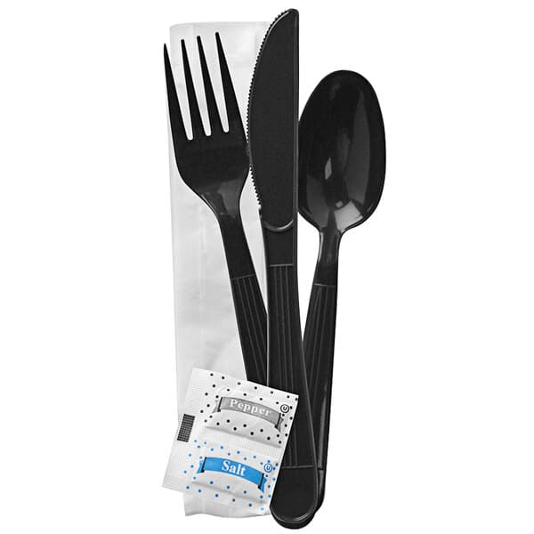 Individually Wrapped Plastic Cutlery Kit - Fork, Knife, Spoon, Napkin, Salt, Pepper