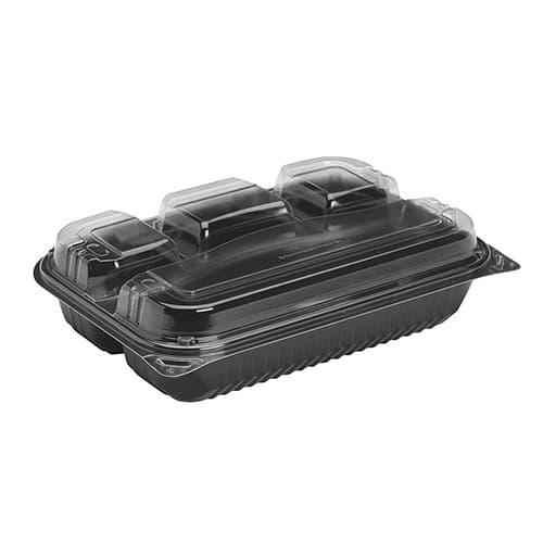 Solo Creative Carryouts Black/Clear 4-Compartment Dinner Box PS Plastic Hinge