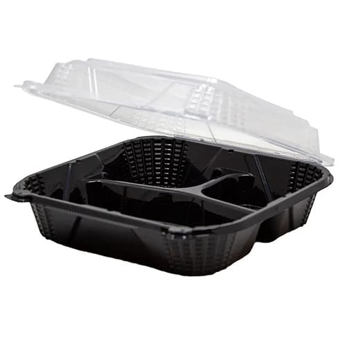 Genpak ProView™ 3-Section Black Base with Clear Lid 9" x 9" x 3" Hinged Square Container