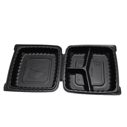 KPS 9" x 9" x 3" Microwavable MFPP Black 3-Compartment Hinged Container