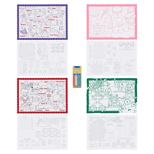 Hoffmaster 326190 10" x 14" Kids Color Me Double Sided Interactive Placemat Combo Pack with Crayons
