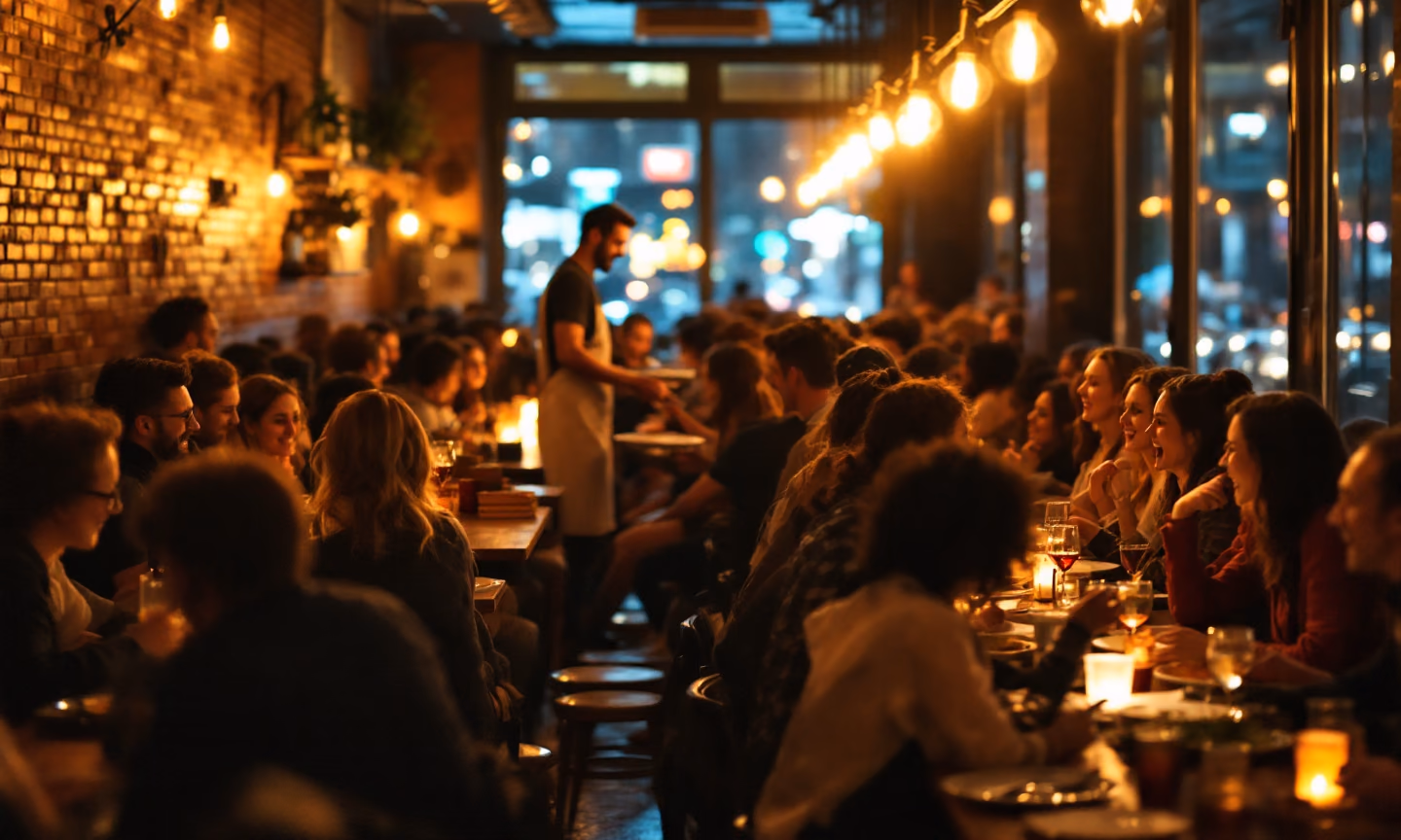 A packed, warmly lit New York City restaurant at night, full tables and a server crossing the room