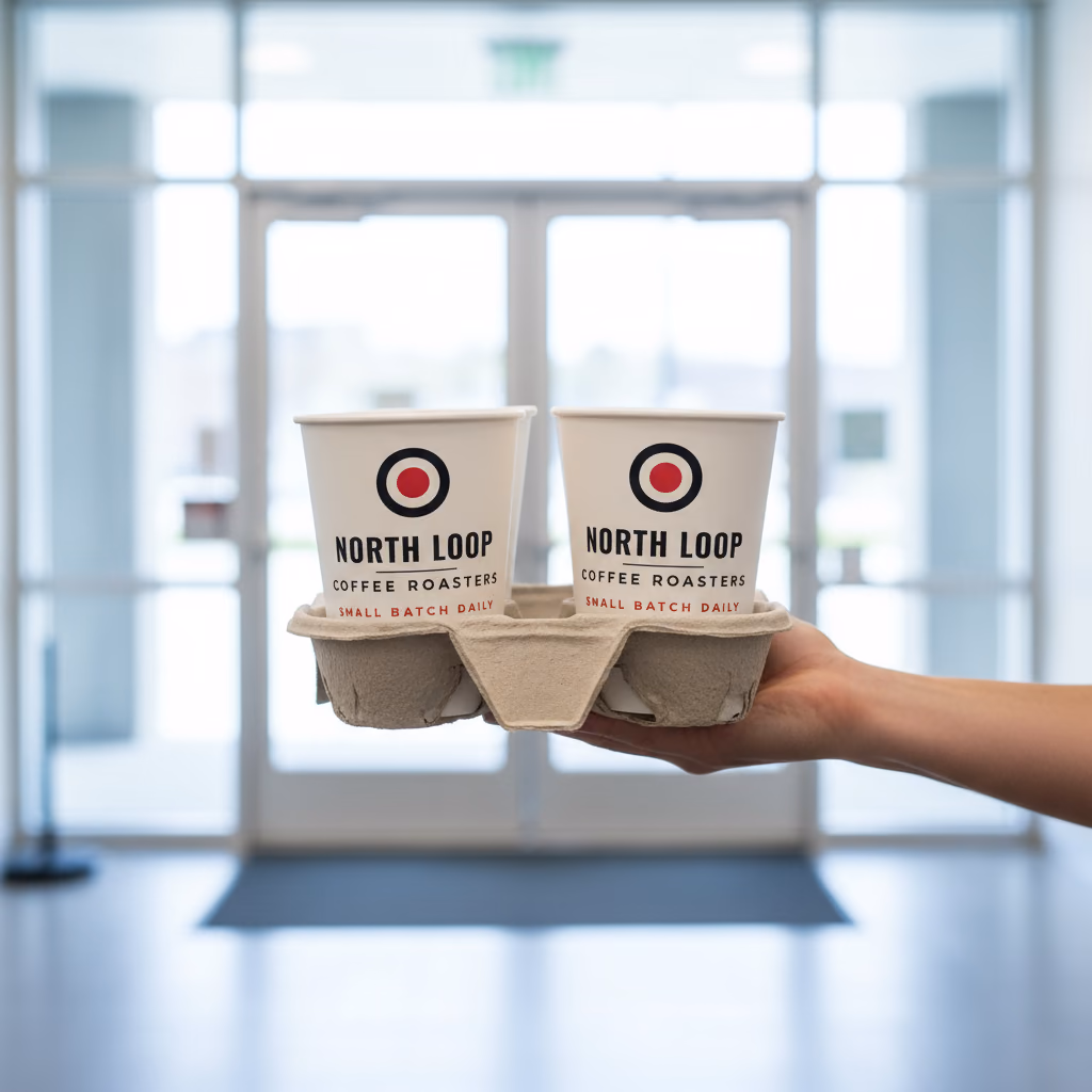 Printed 12 oz double-wall hot cups carried in a moulded pulp takeaway tray through an office lobby.