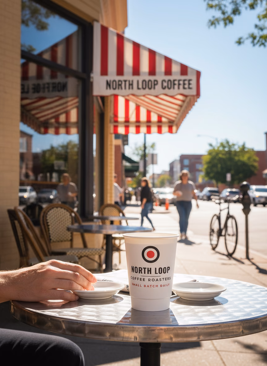 A 12 oz double-wall hot cup printed with the North Loop Coffee Roasters logo, on an outdoor table at a sunny corner cafe whose awning carries the same name.