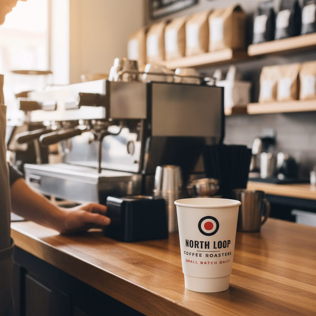A 12 oz double-wall hot cup printed with the North Loop Coffee Roasters logo, set down on a cafe counter beside an espresso machine.