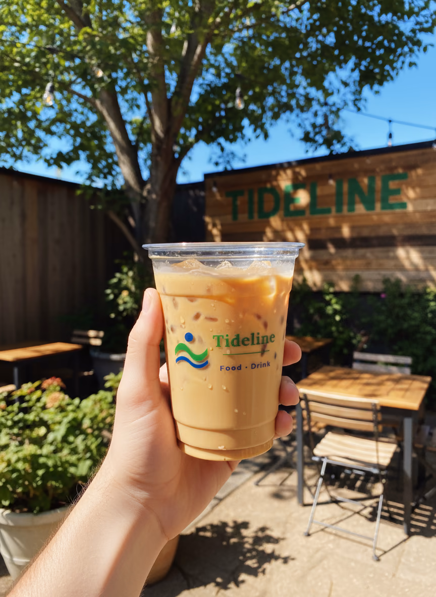 A clear 16 oz PET cup printed with the Tideline logo, filled with iced coffee and beaded with condensation, held up in a sunny outdoor coffee garden whose sign carries the same name.