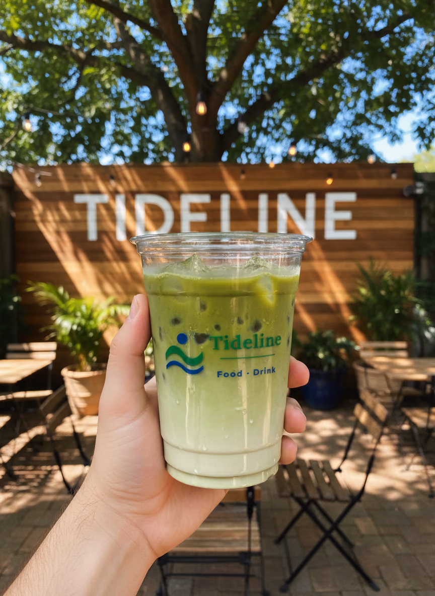 A clear 16 oz PET cup printed with the Tideline logo, filled with iced matcha latte, held in an outdoor coffee garden.
