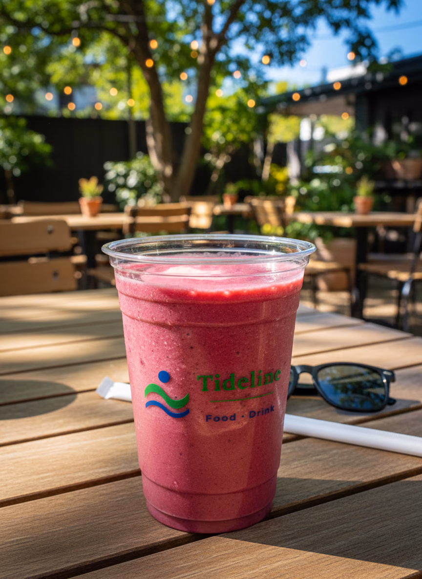 The same clear printed cup filled with a deep pink berry smoothie, standing on a sunlit table in the coffee garden.