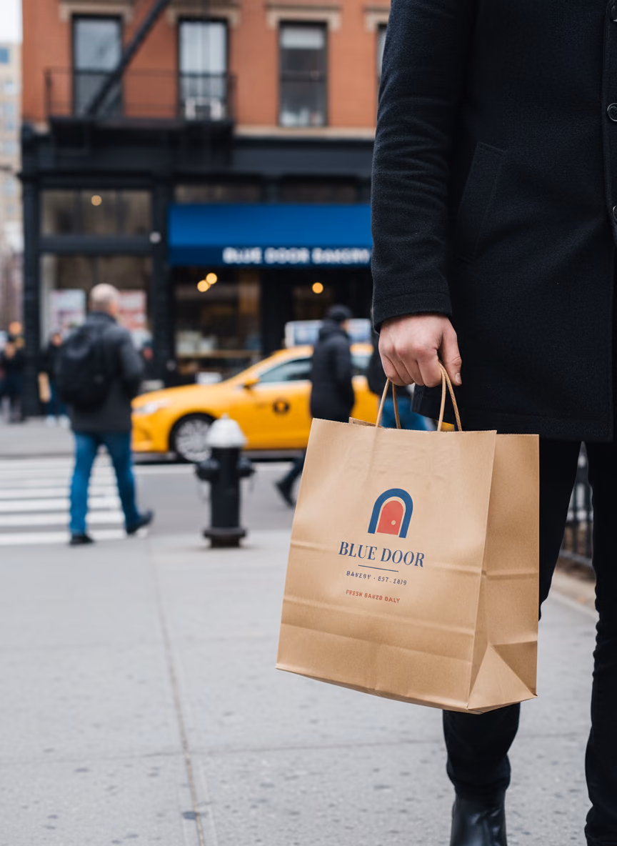A 10×7×12 inch kraft paper bag printed with the Blue Door Bakery logo in two spot inks, carried at a walker's side on a New York City sidewalk, the bakery's awning blurred behind.
