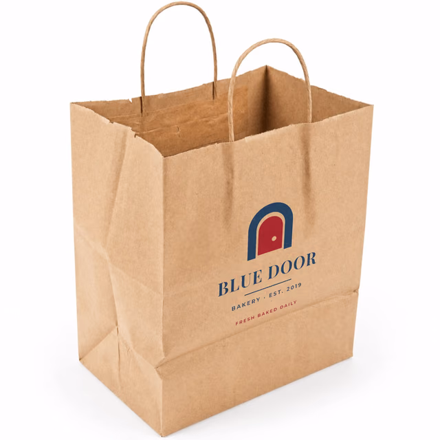 A printed kraft paper bag with a two-colour bakery logo