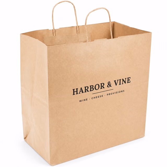 A large printed kraft paper takeout bag