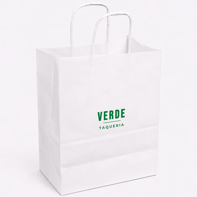 A printed white paper bag with a taqueria logo