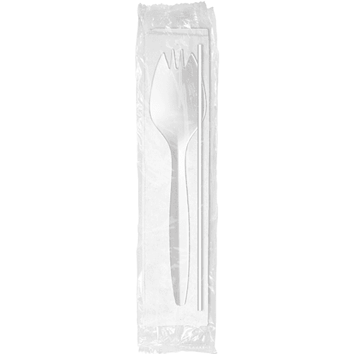 Berk Medium Weight White Wrapped Plastic Spork, Straw, and Napkin Kit