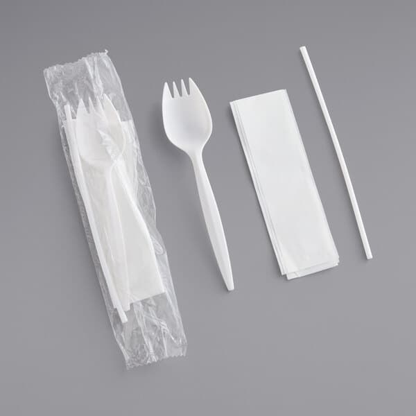 Berk Medium Weight White Wrapped Plastic Spork, Straw, and Napkin Kit - Image 1