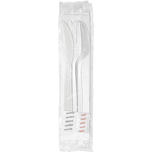 Berkley Square White Medium Weight Wrapped Plastic Cutlery Pack with Napkin & Salt / Pepper Packets - Image 1
