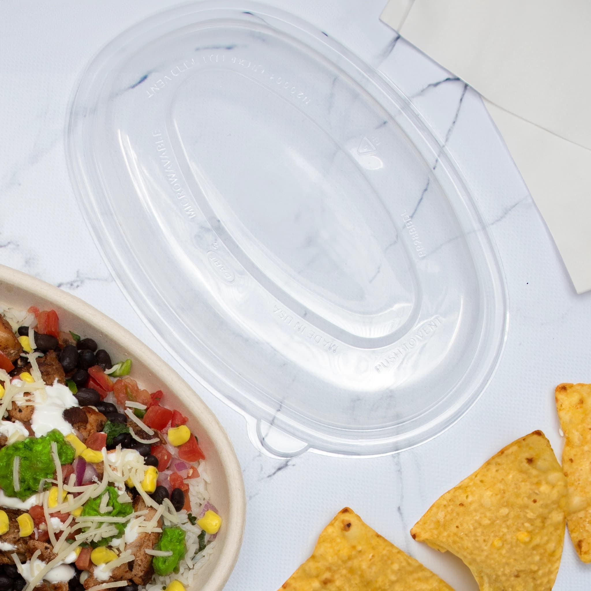 Dart 28 oz PP Plastic Vented Dome Lid for Burrito Bowl – Clear
