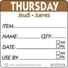 Thursday 2″ x 2″ Item/Date/Use By Removable Labels 500/Roll