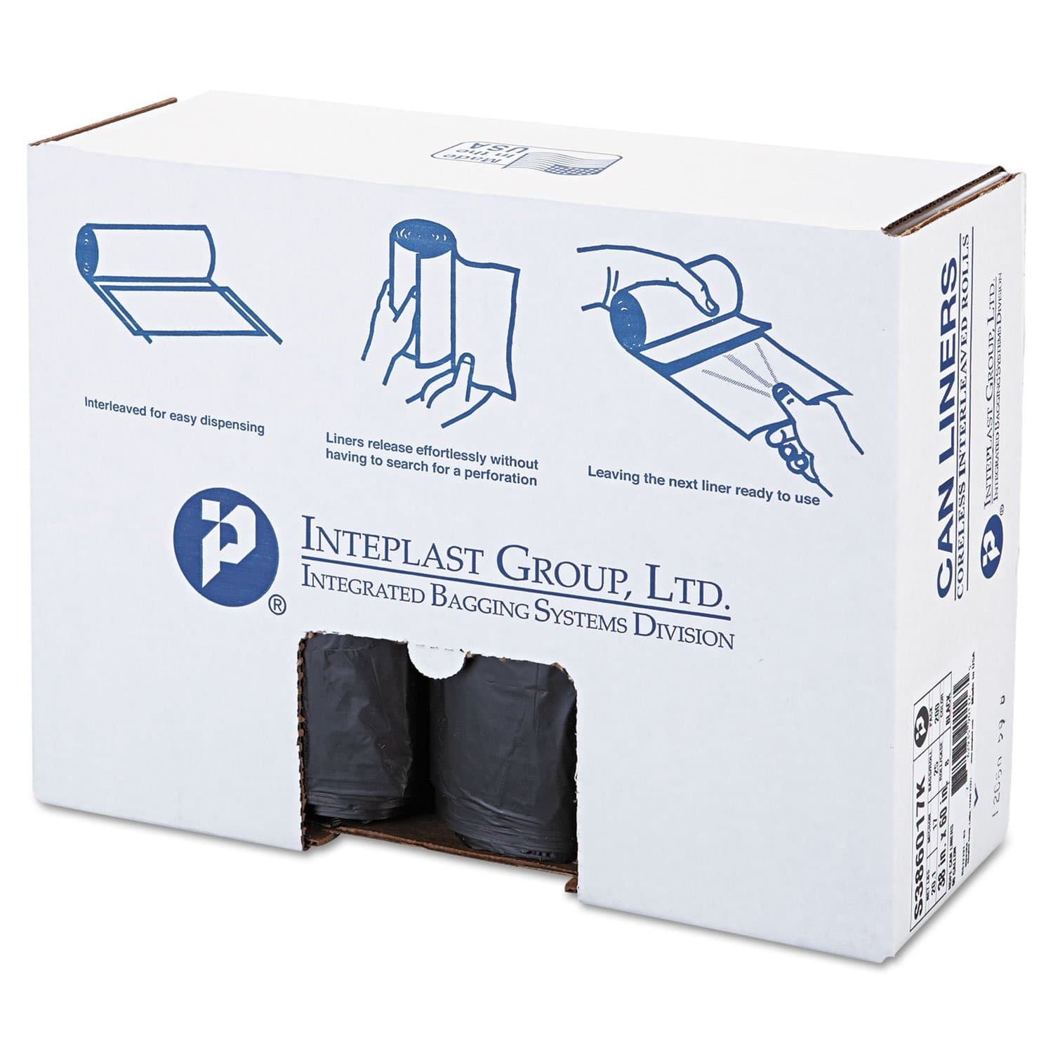 Inteplast S386017K High-Density Can Liner, 38 x 60, 60gal, 17mic, Black, 25/Roll, 8 Rolls/Carton - Image 1
