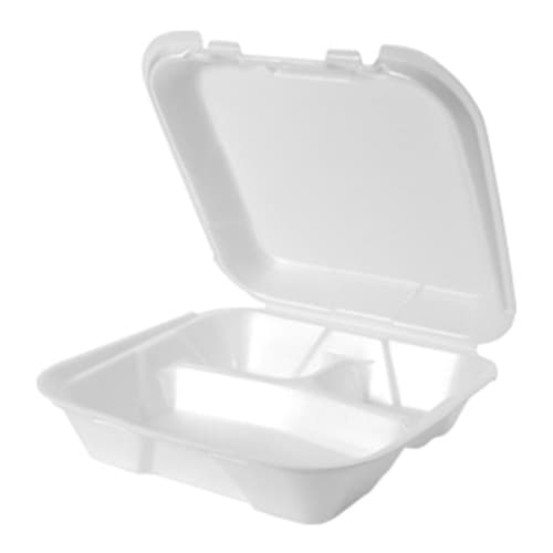 Genpak SN203-WHT 9 1/4" x 9 1/4" x 3" White Large 3-Compartment Foam Snap-It Hinged Lid Container - Image 1