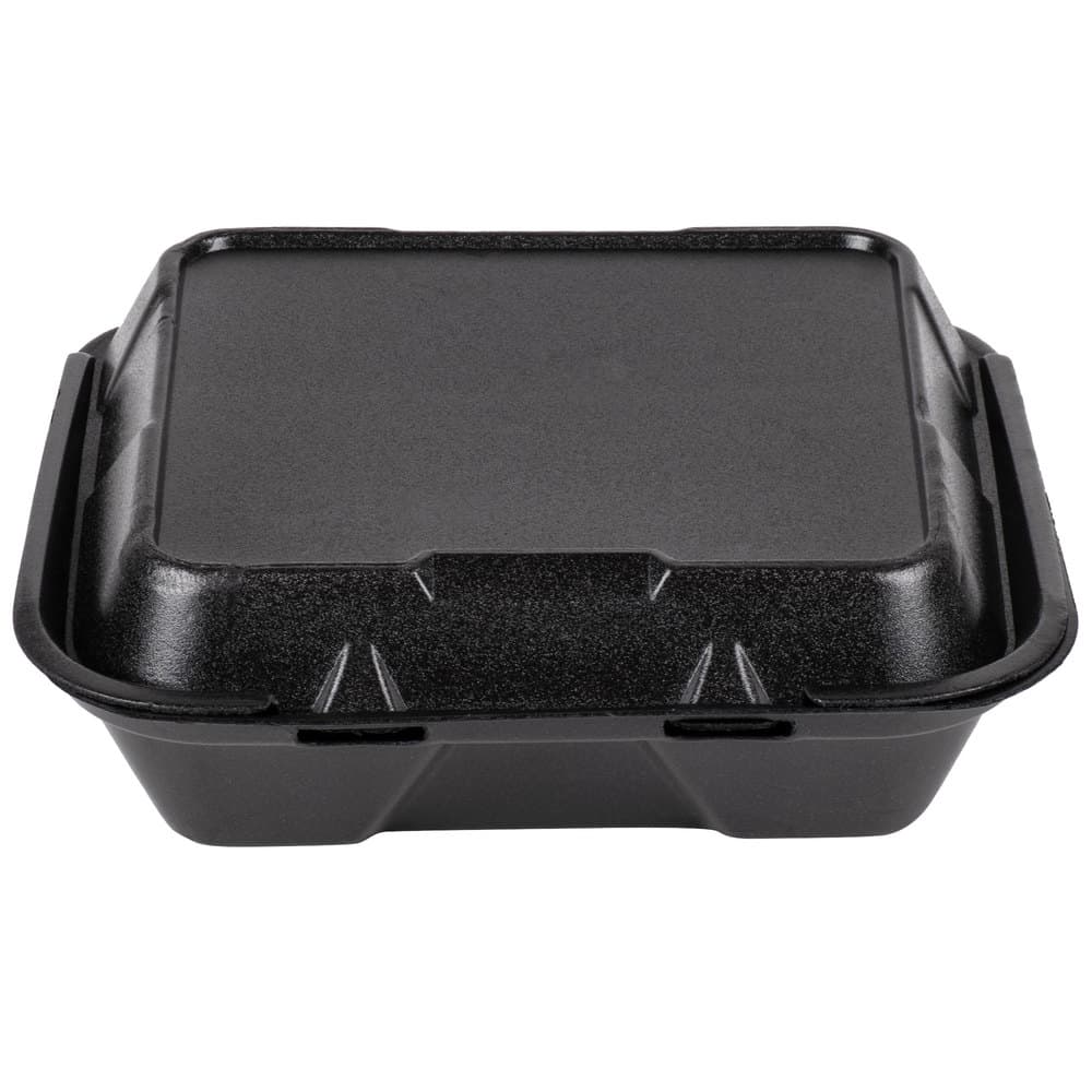 Genpak SN203 Vented 9" x 9" x 3" Black Foam 3-Compartment Square Take Out Container with Hinged Lid - Image 1