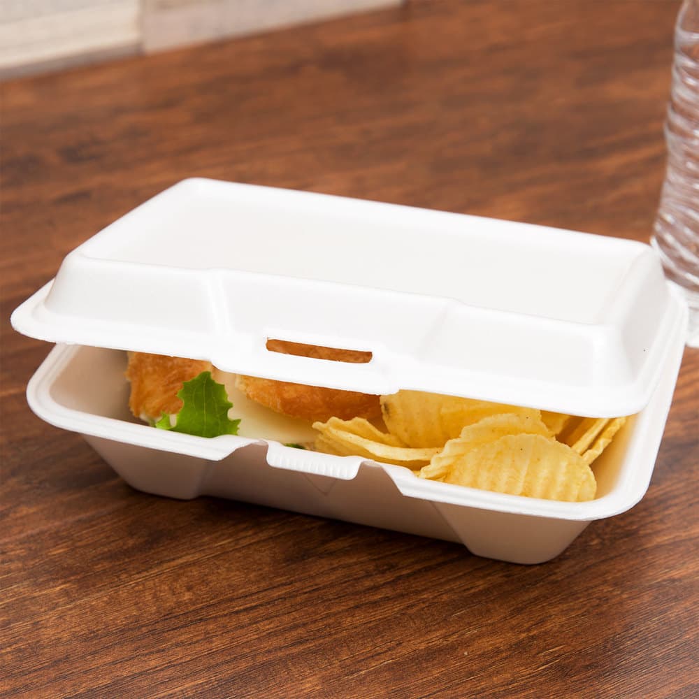 Genpak 20500 Vented 9 3/16" x 6 1/2" x 2 7/8" White Large Deep All Purpose Foam Hinged Lid Container - Image 1