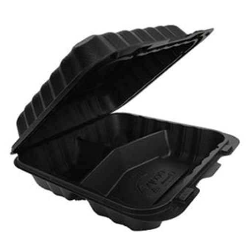 Ecopax Pebble Box MFPP Black 3-Compartment Hinged Container 8″ x 8″ x 3″ - Image 1