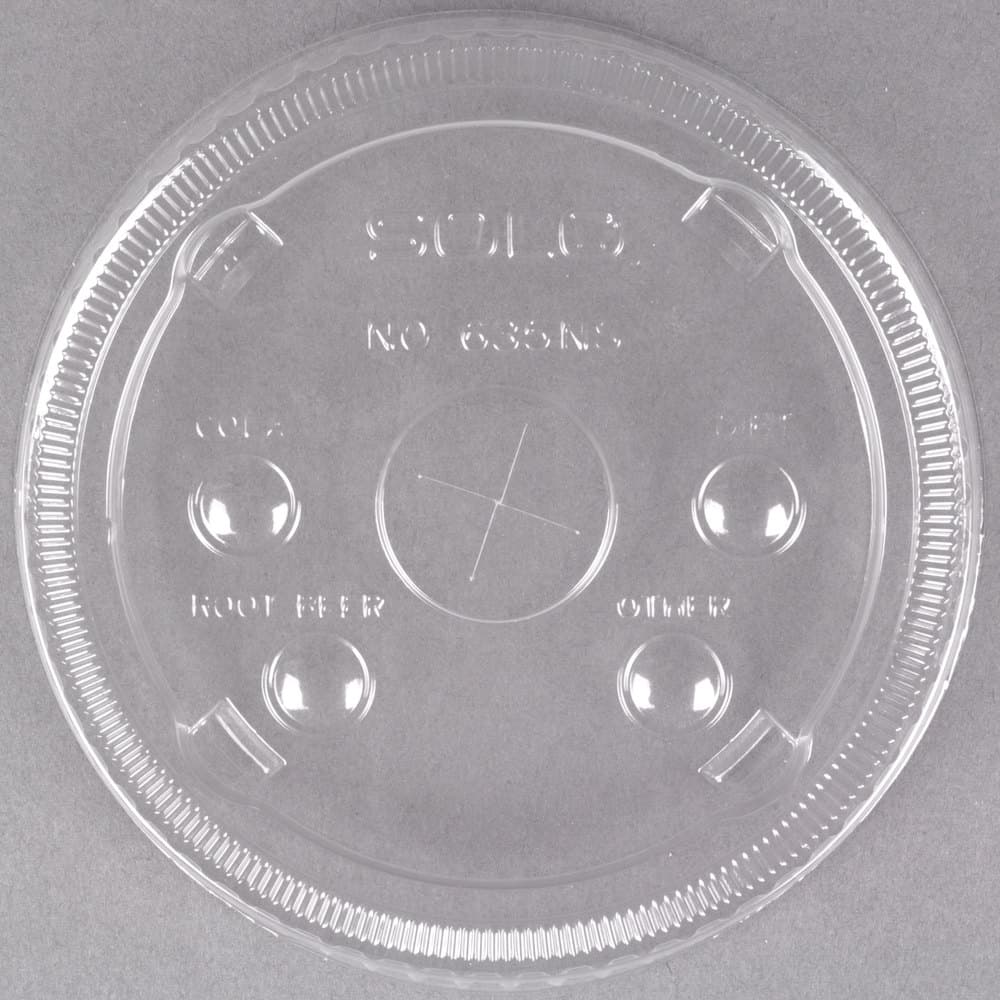 Solo 635NS 28-32 oz. Clear Flat Plastic Lid with Straw Slot and Identification Buttons - Image 1