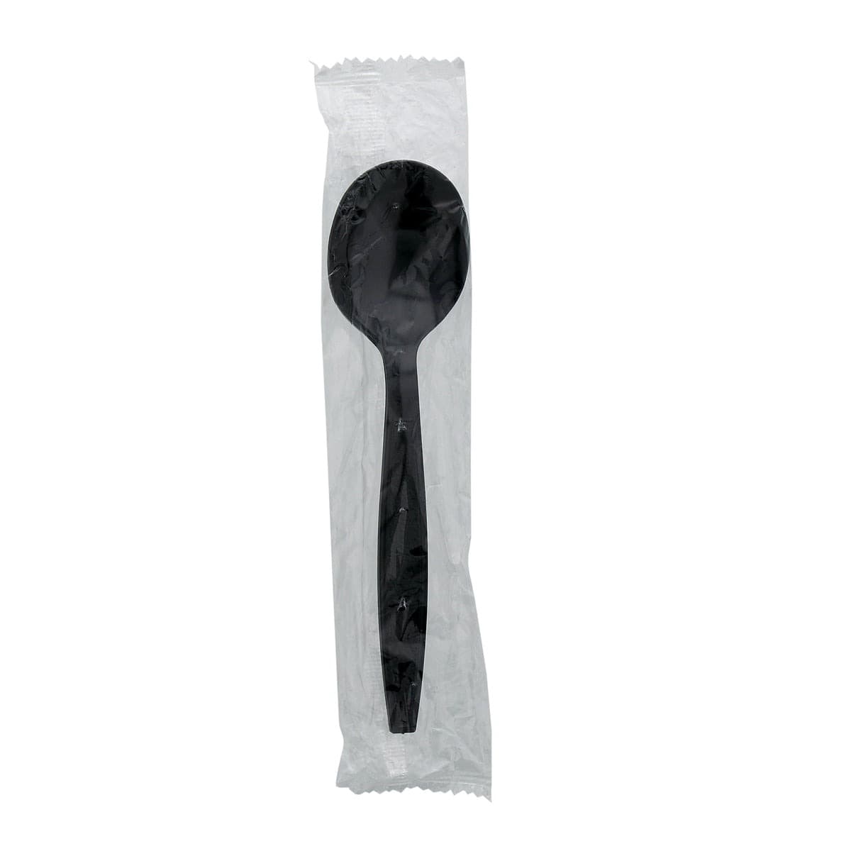 AmerCare Individually Wrapped Black Heavy Weight Plastic Soup Spoon - Image 1
