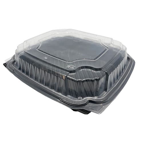 EcoPax Polypropylene 10" x 9" x 3" Hinged Container, 1-Compartment Black Base Clear Top - Image 1