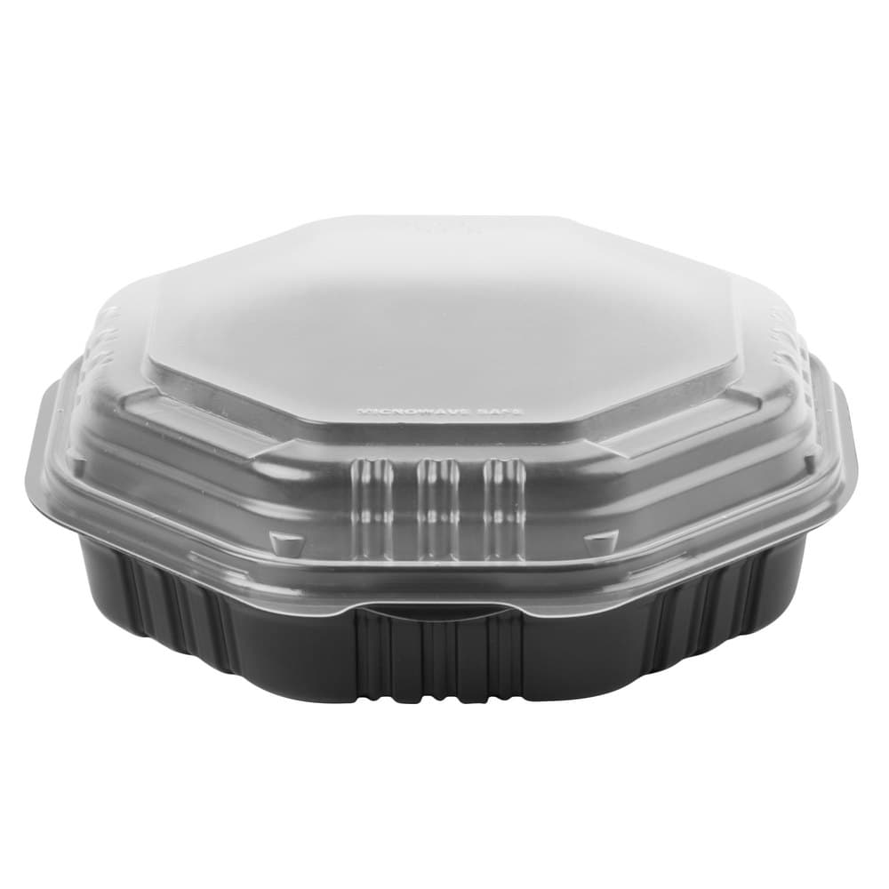 Dart Solo Creative Carryouts OctaView Supreme 9" Black Microwaveable Plastic Hinge Container - Image 1
