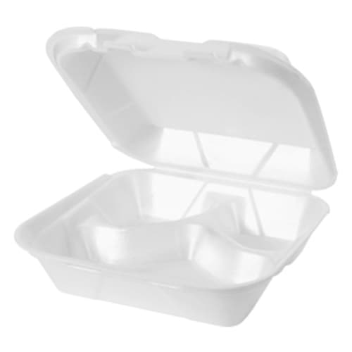 Genpak SN243-WHT 8 1/4" x 8" x 3" White Medium 3-Compartment Foam Snap-It Hinged Lid Container - Image 1