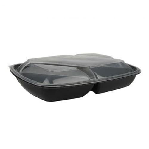 35 oz PP Rectangle Container with Dome Lid, 3-Compartment - Image 1