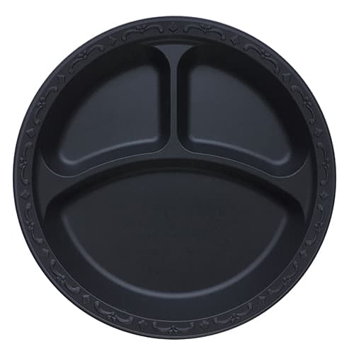 10" Round MFPP Plate, Black, 3-Compartment