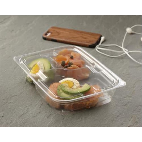 Flat PET Lid - fits 26 oz Rectangle Deli Container, 3-Compartment - Image 1