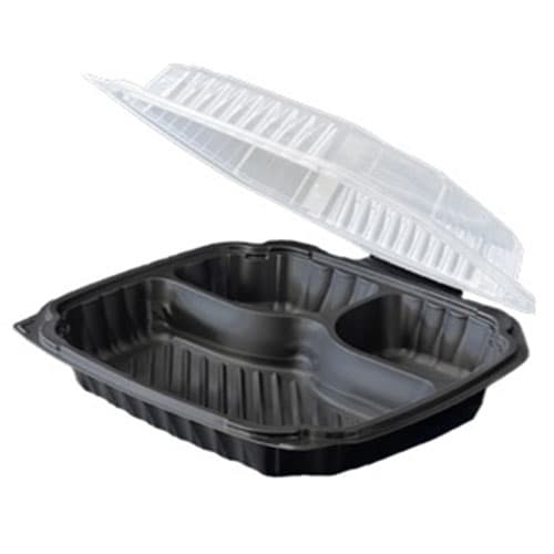 EcoPax Polypropylene 10" x 9" x 3" Hinged Container, 3-Compartment Black Base Clear Top - Image 1