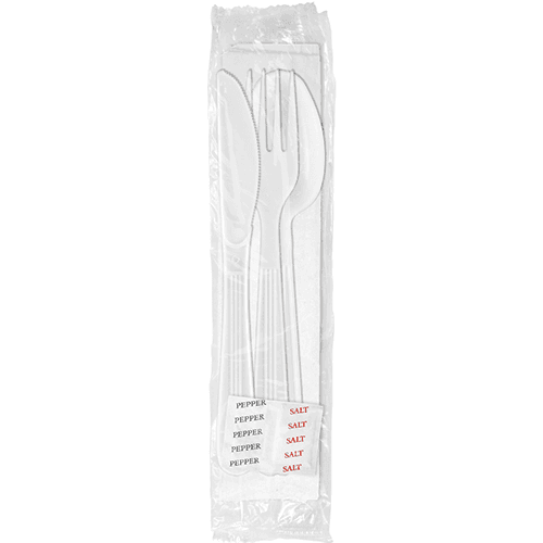 Berk Heavy Weight White Wrapped Plastic Cutlery Set with Napkin & Salt & Pepper Packets - Image 1