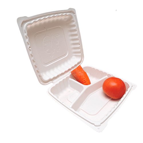 KPS 9" x 9" x 3" Microwavable MFPP White 3-Compartment Hinged Container - Image 1