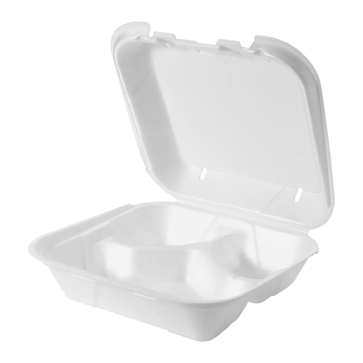 Genpak SN243V-WHT 8 1/4" x 8" x 3" White Medium 3-Comp Vented Foam Snap-It Hinged Lid Container - Image 1