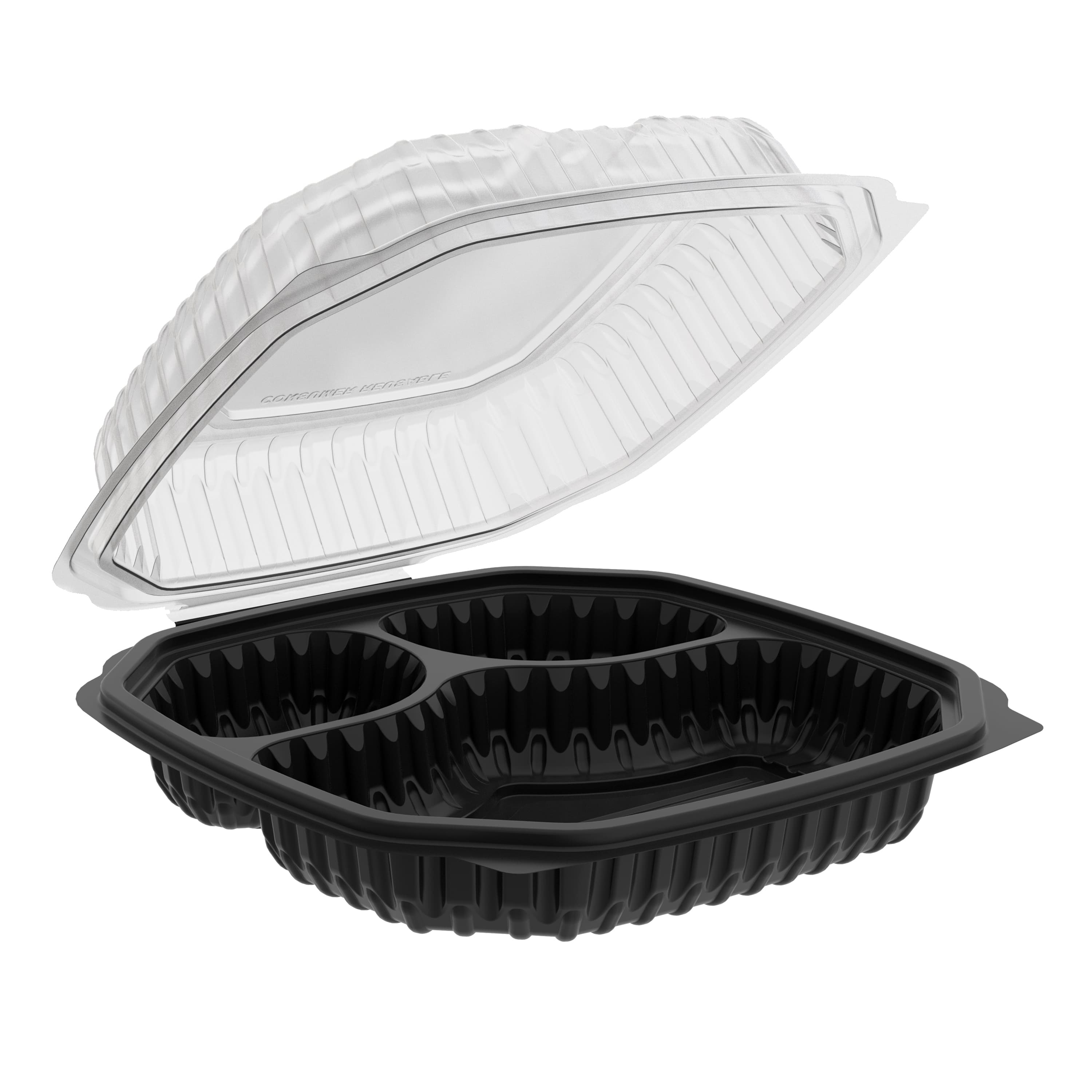 10.5" x 10" x 3" Clamshell, 3-Compartment, Black and Clear