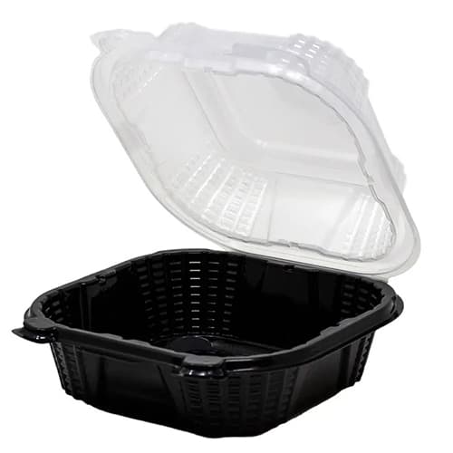 Genpak ProView™ Black Base with Clear Lid 6" x 6" x 3" Hinged Square Container - Image 1