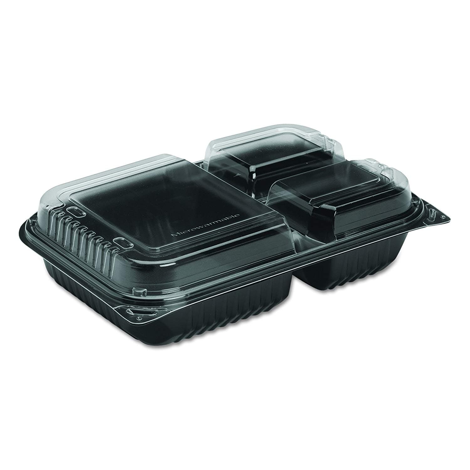 Solo Creative Carryouts Black/Clear 3-Compartment Dinner Box PS Plastic Hinge - Image 1