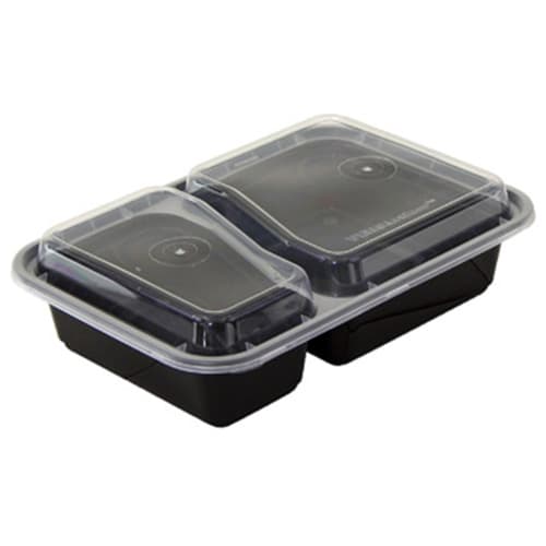 Microwavable 30 oz. Black 8 3/4" x 6" x 2 3/4" 2-Compartment Rectangular Heavy Weight Container