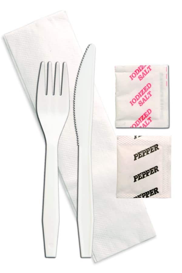7" Heavy Duty Cutlery Kit, White - Knife, Fork, Napkin, S/P (500/case)
