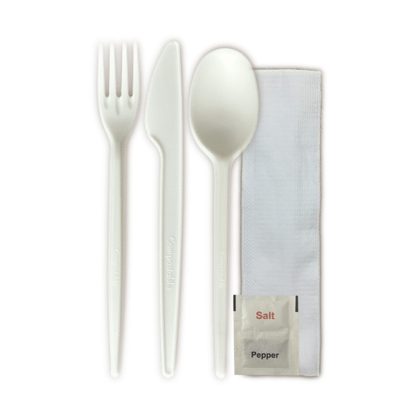 6.5" Cutlery Kit, White - Knife, Fork, Spoon, Napkin, S/P (500/case)